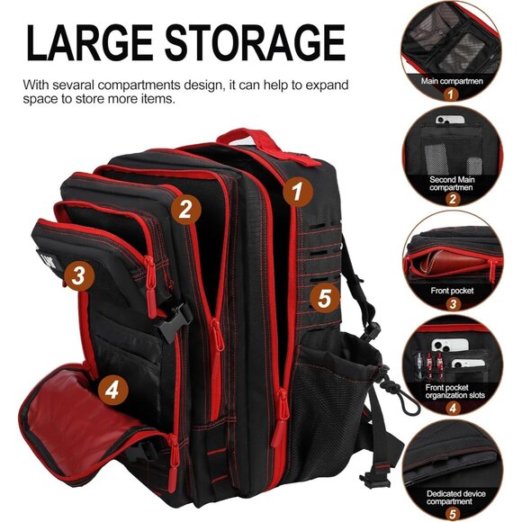 45L Tactical Backpack Molle Bag Black & Red Water-Resistant Heavy-Duty Nylon Lar - Picture 3 of 6